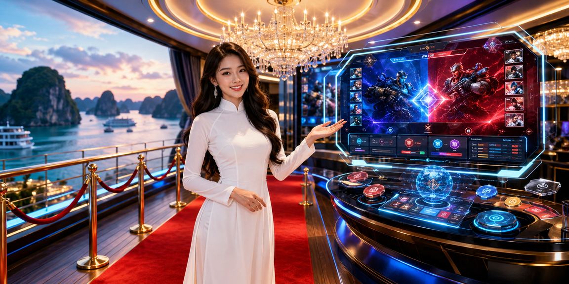 Người phụ nữ mặc áo dài đặt cược thể thao điện tử trên vịnh Hạ Long